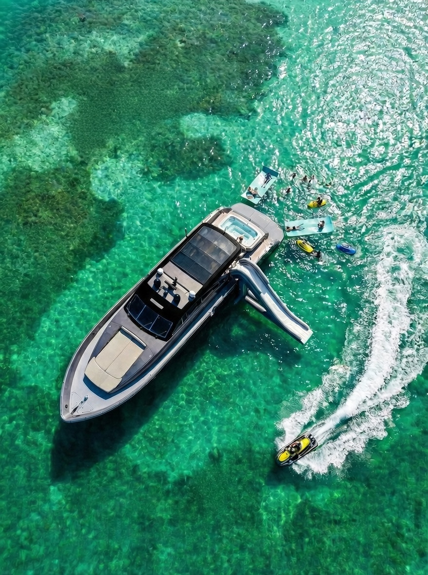 Yacht galley and water toy amenities